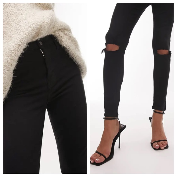 TOPSHOP Jamie High Waist Ripped Skinny Jeans in Black - Picture 2 of 8